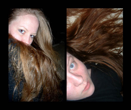 Left = My natural hair color. Right = Same length past hips but died a red to even out my skin.