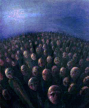 This is about the feeling that most of us have felt, of being terribly alone in a crowd.
(sorry about the small image/poor quality - sold the original painting and cannot find the original photo of said painting)