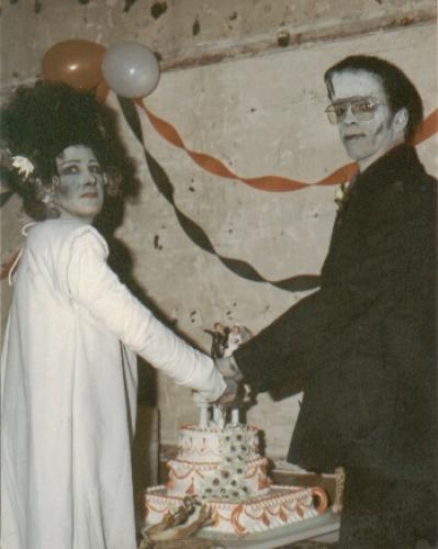 after reading about the recent halloween wedding, i figured id share this little beauty with everyone. my parents got married on halloween, as frankenstien and the bride of frankenstien.. and THIS IS THEIR WEDDING PICTURE! Natrually everyone went in costume etc. I just love spreading this picture around because its so cool :)